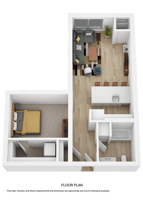 Floor plan for 1 bed, 1 bath, 686 sqft